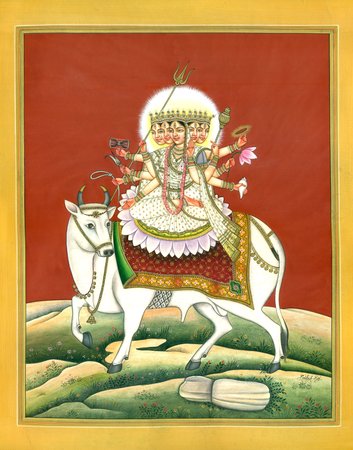 FIVE HEADED PARVATI ON NANDI, Watercolor by Kaîlash Raj